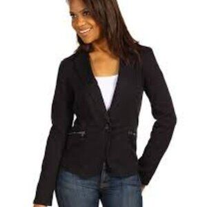Black Casual Blazer w/Gray elbow patches, & gray collar. Size Medium